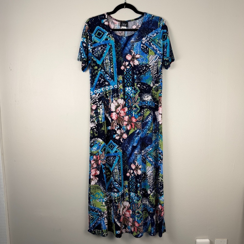 Jostar Maxi Dress Women's S Blue Floral Short Sleeve Round Neck Pullover Casual